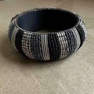 Beaded Black and Silver Bangle Bracelet